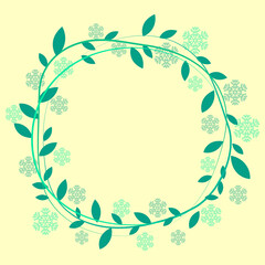 Fototapeta na wymiar Green Leaves Decorated Circular Frame And Snowflakes On Yellow Background With Copy Space.