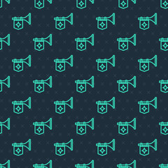 Green line Trumpet with flag icon isolated seamless pattern on blue background. Musical instrument trumpet. Vector