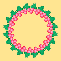 Empty Circular Frame Made By Holly Berries On Yellow Background.