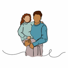 Vector continuous one single line drawing icon of father holding little daughter, fathers day concept in silhouette on a white background. Linear stylized.