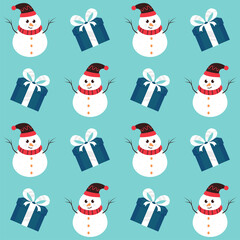 Repeat-less Cartoon Snowman And Gift Boxes On Blue Background.