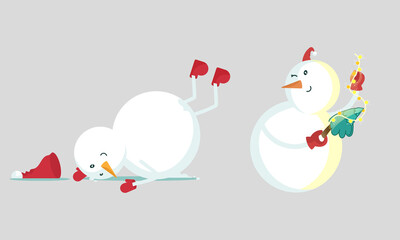Two Types Of Cartoon Snowman Character On Gray Background.