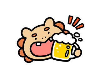 沖縄のシーサーがビールで乾杯している手描き風イラスト