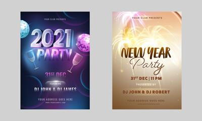 2021 New Year Party Flyer Design With Event Details In Two Options.