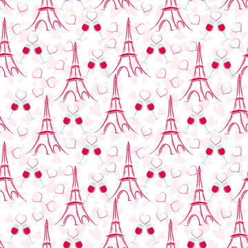 Heart Pattern Background With Sketching Eiffel Tower And Cheers Glass.