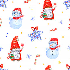 Watercolor seamless pattern for Christmas or New Year. Gnomes, gifts, stars, snowman.