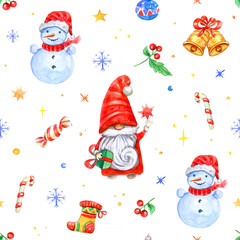 Watercolor seamless pattern for Christmas or New Year. Gnomes, gifts, stars, snowman, bells.