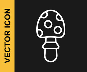 White line Amanita muscaria or fly agaric hallucinogenic toadstool mushroom icon isolated on black background. Spotted poisonous mushroom. Vector