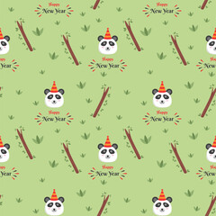 Happy New Year Font With Polar Bear Wearing Party Hat And Branch On Green Background.