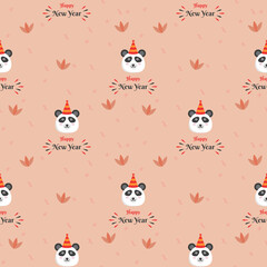 Happy New Year Font With Cartoon Polar Bear Face And Leaves On Peach Background.