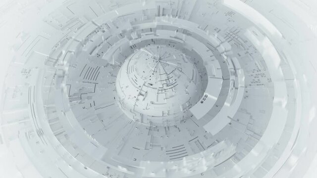 White space base design. Futuristic technology construction. Seamless loop 3D render animation with DOF