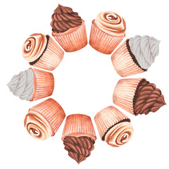 A wreath of sweets. Watercolor vintage illustration. Isolated on a white background. For your design.