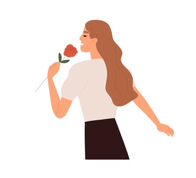 Happy woman holding fresh flower and smelling its fragrance. Young long-haired female enjoying blossomed rose aroma in hand. Colored flat vector illustration isolated on white background