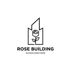 rose building logo.rose and building vector illustration.abstract combination of rose and building line art