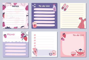 Set of memo cute strawberry pastel illustration stationery for notes, tasks, to-do list, organizer, and planner