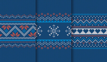 Knit prints. Christmas seamless pattern. Vector. Blue knitted sweater texture. Set Xmas winter geometric background. Holiday fair isle traditional ornament. Festive crochet. Wool pullover illustration - obrazy, fototapety, plakaty
