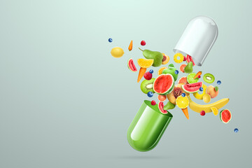 Food supplement in the form of medicinal capsules and nutritional tablets with fruit inside. Alternative medicine, vitamins, naturopathy, health, homeopathy. 3D illustration, 3D render.