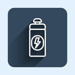 White line Fitness shaker icon isolated with long shadow background. Sports shaker bottle with lid for water and protein cocktails. Blue square button. Vector