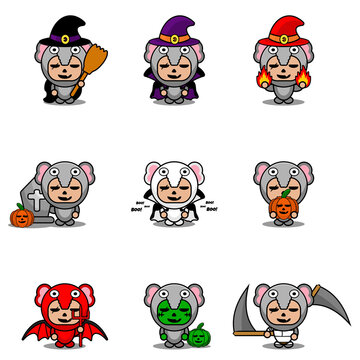 vector cartoon character cute elephant animal mascot costume set bundle halloween