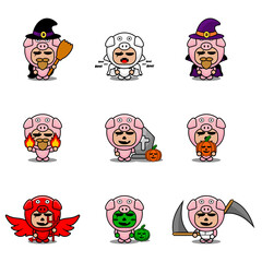 vector cartoon character cute pig animal mascot costume set bundle halloween