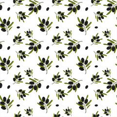 Seamless olive branch pattern on a white background. Olive pattern.
For design, natural organic cosmetics, wrapping paper, soap, olive oil.
