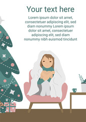 Christmas template with girl under the blanket and christmas tree.