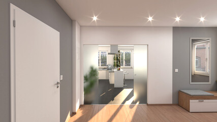 Fototapeta na wymiar Wohnung Wohnraum Modern Küche Glastüre Diele