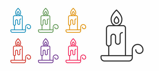 Set line Burning candle in candlestick icon isolated on white background. Cylindrical candle stick with burning flame. Set icons colorful. Vector