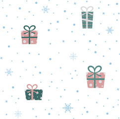 Christmas square pattern background with gifts and snowflakes on white background.