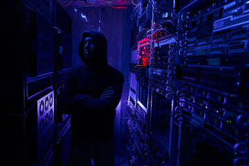 Tranquil data center intruder in dark server room