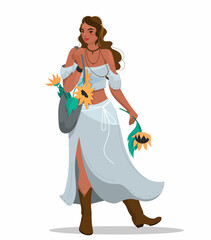 A beautiful girl with sunflowers in a stylish full-length boho outfit. Stylish cartoon-style illustration on a white background.