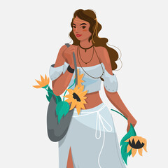 A beautiful girl with sunflowers in a stylish boho outfit . Stylish cartoon-style illustration on a white background.