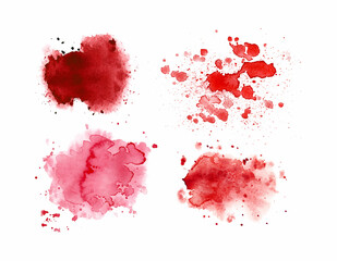 Red and pink watercolor stains and splashes isolated elements set 
