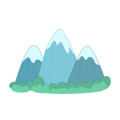 Vector illustration blue mountains with green hills on white isolated background