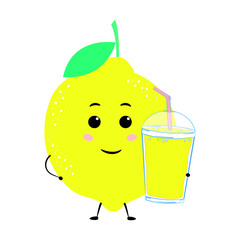 Lemon juice and cartoon lemon. Vector illustration on a white background.
