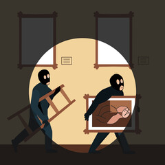 Two masked thieves steal a painting from a museum. Thief with a ladder in his hands. Vector illustration