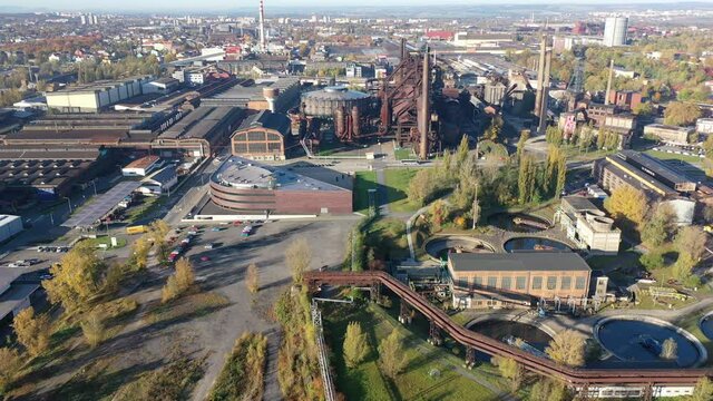 Aerial view of big industrial zone of closed metallurgical factory complex in Ostrava
