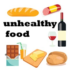 Set of vector drawings of unhealthy junk food.Fastfood icons of sausage, alcohol, wine, butter, chocolate, soda, potatoes, bread. Colored flat vector illustration of fat eating isolated on white backg