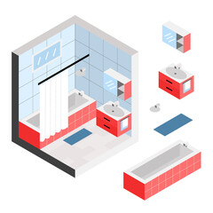 Bathroom in isometric view. Separate elements of the set. Vector illustration
