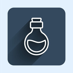 White line Glass bottle with magic elixir icon isolated with long shadow background. Computer game asset. Blue square button. Vector