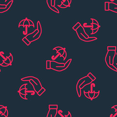 Red line Umbrella in hand icon isolated seamless pattern on black background. Insurance concept. Waterproof icon. Protection, safety, security concept. Vector