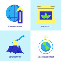 Ecology and climate change icon set in flat style