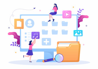 File Management System and Information Vector Illustration with People Holding Folder, Archive or Online Service for documents Storage and Organization
