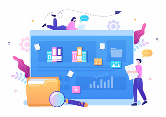 File Management System and Information Vector Illustration with People Holding Folder, Archive or Online Service for documents Storage and Organization