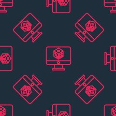 Red line Game dice icon isolated seamless pattern on black background. Casino gambling. Vector