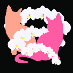 Silhouettes of cats and orchid flowers. Cats and flowers. Vector image for printing.