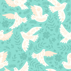 Fototapeta na wymiar Seamless pattern with doves on a blue background. Vector graphics.