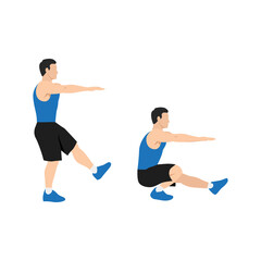 Fototapeta premium Man doing Pistol. Single leg extended arm squats exercise. Flat vector illustration isolated on white background
