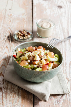 Studio shot of bowl of Waldorf salad
