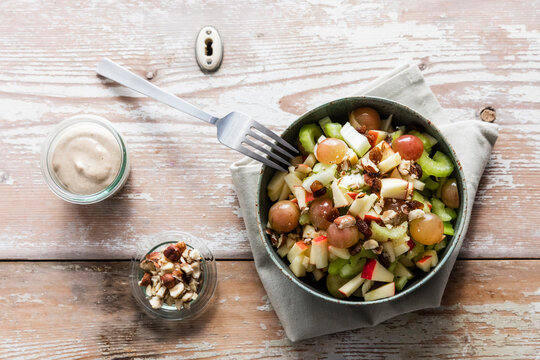 Studio shot of bowl of Waldorf salad
